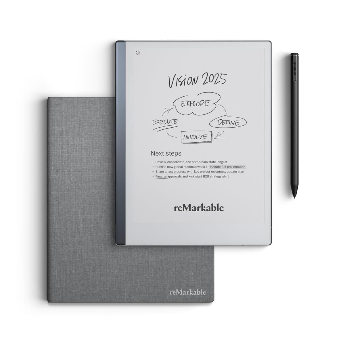 Paquete Esenciales reMarkable - Gris | Tableta de Papel reMarkable 2 | Incluye Tableta de Escritura de 10.3” en Blanco y Negro, Lápiz Marker Plus con Borrador, Funda Book Folio en Tejido Gris RM114