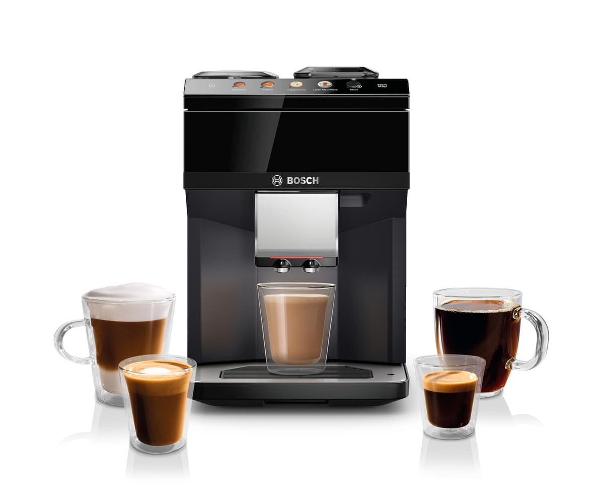 Bosch Serie 500 Máquina de Espresso y Café Totalmente Automática - Panel Táctil, Manguera para Leche, Molino Cerámico, Usa Granos y Café Molido, 9 Bebidas con Un Toque, en Negro TPU40109