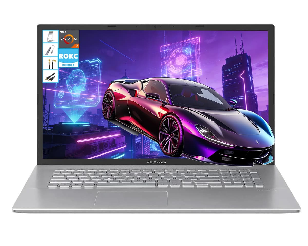 ASUS Vivobook 17.3" Pantalla LED HD+ | CPU AMD Ryzen 7 | 16GB RAM | 512GB SSD | AMD Radeon Vega 10 | Windows 11 | Larga duración de batería | Uso múltiple para hogar/oficina/estudios en línea/viajes | Paquete RK X712DA-202.MV