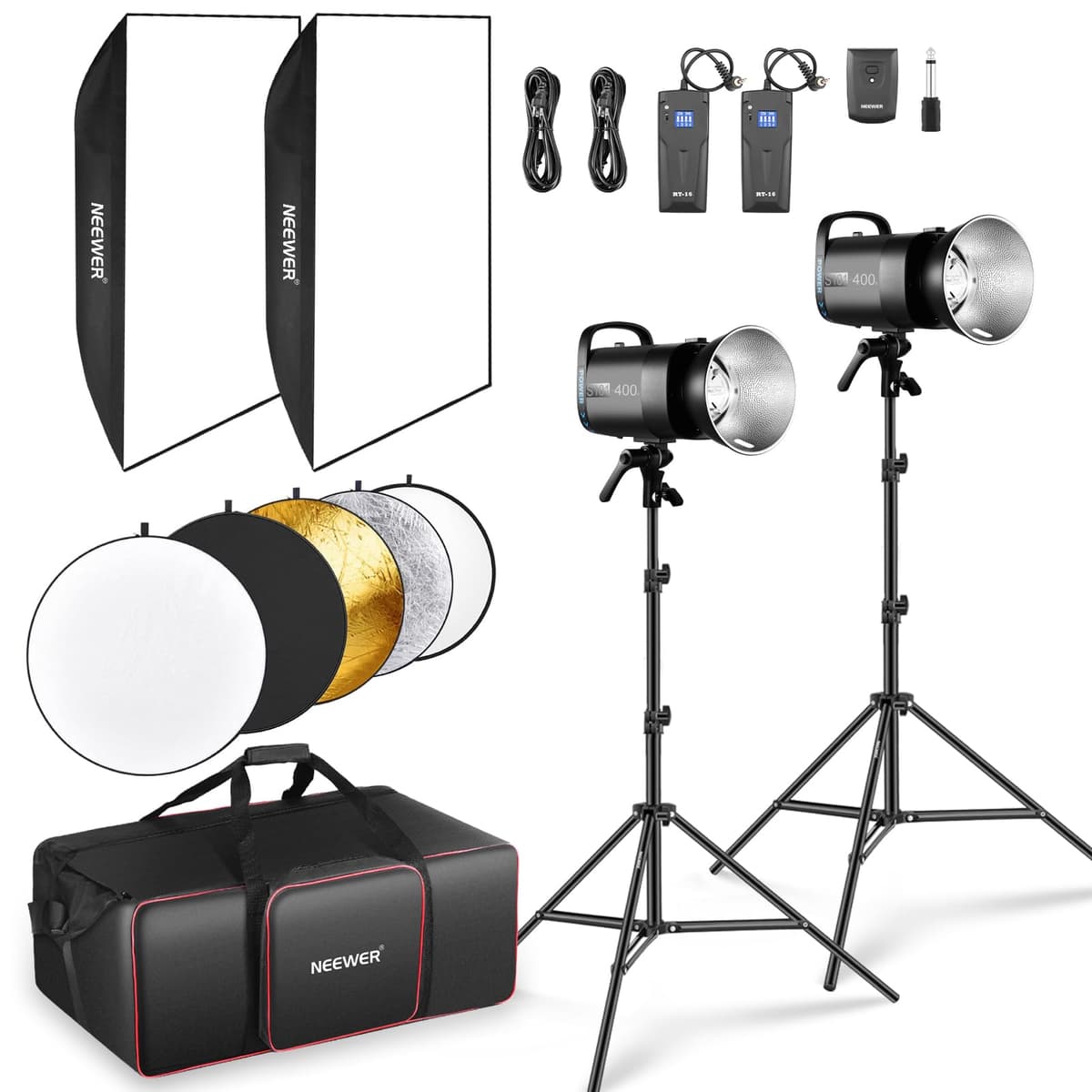 NEEWER Kit de 2 Monolights de Estudio 800Ws, S101-400W 5600K Flash Estroboscópico con Lámpara de Modelado 150W/Montura Bowens/Softbox/Soporte/Reflector/Disparador RT-16/Bolsa para Fotografía de Retrato y Producto 10103588