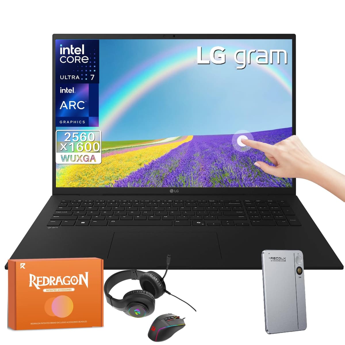 LG Gram 17 con pantalla táctil 2025, 17" 2.5K WQXGA, Intel Ultra 7 258V, Intel Arc Graphics, 32 GB RAM, 2 TB SSD, Wi-Fi 7, Windows 11 Pro, teclado retroiluminado, con audífonos y mouse REDRAGON, grabadora de voz RECOLX AI