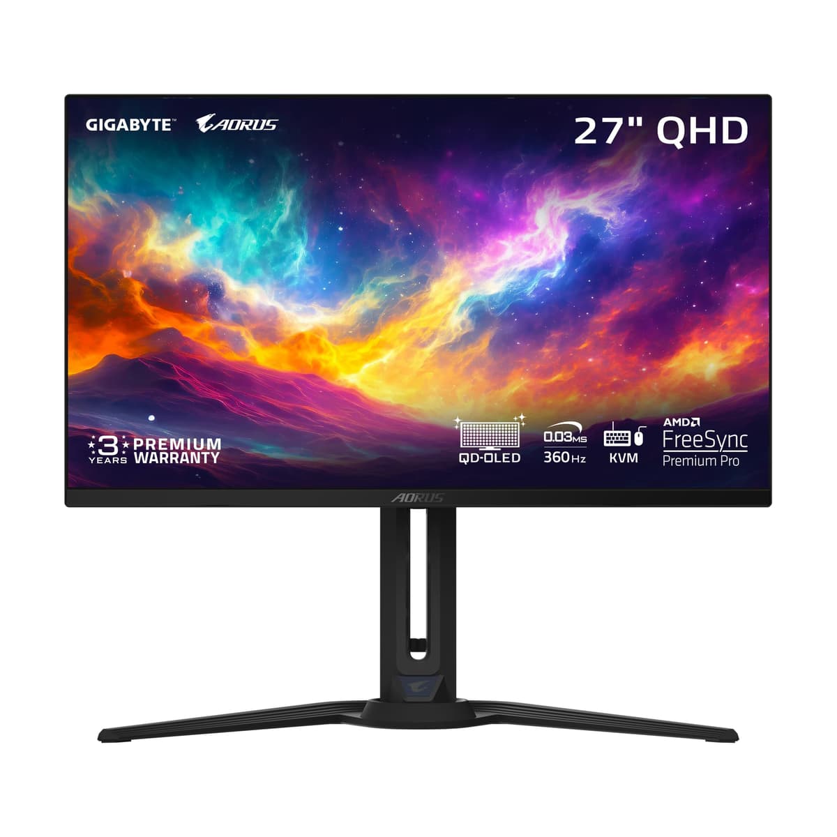 GIGABYTE - AORUS FO27Q3-27 Monitor Gaming QD OLED de 27" - QHD 2560x1440 360Hz - 0.03 ms GTG - AMD FreeSync Premium Pro - KVM Tipo C - HDMI, DP, Tipo C - Ajuste de Altura - Negro AORUS FO27Q3 SA