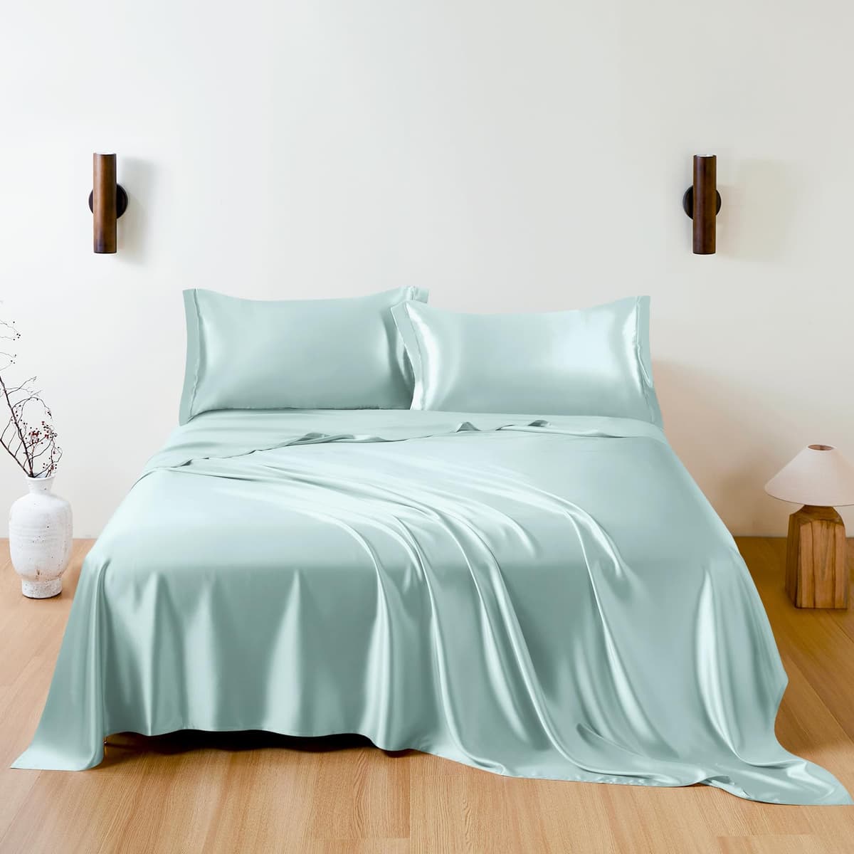 THXSILK Juego de Sábanas 100% Seda Mulberry 19 Momme King - 4 Piezas Celeste