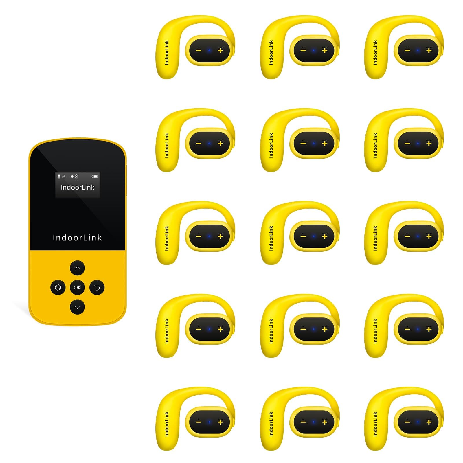 IndoorLink Sistema de audioguía, 1 transmisor + 15 receptores E211+E106, alcance 180m, 35 horas de batería