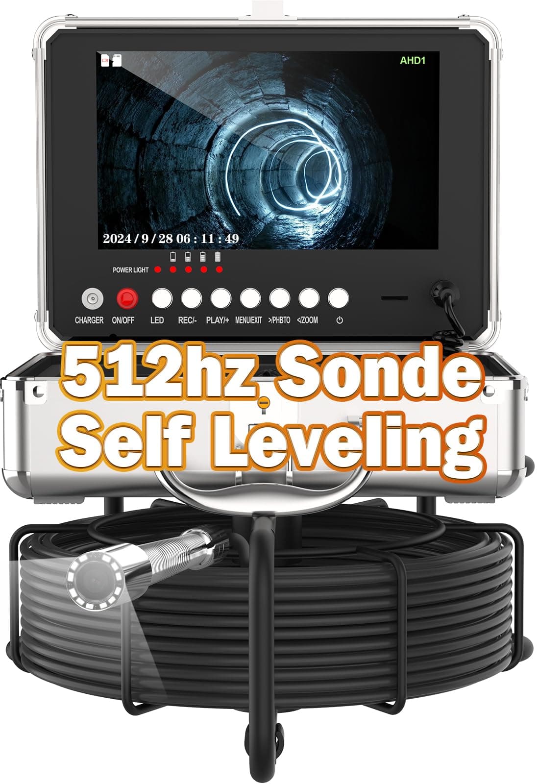 PRANITE Cámara de Inspección de Cañerías 165Ft con Autonivel y Transmisor 512Hz, Pantalla 9" 1080P IPS, DVR, IP68 (16GB) SY958DABTXC23-50M-BK