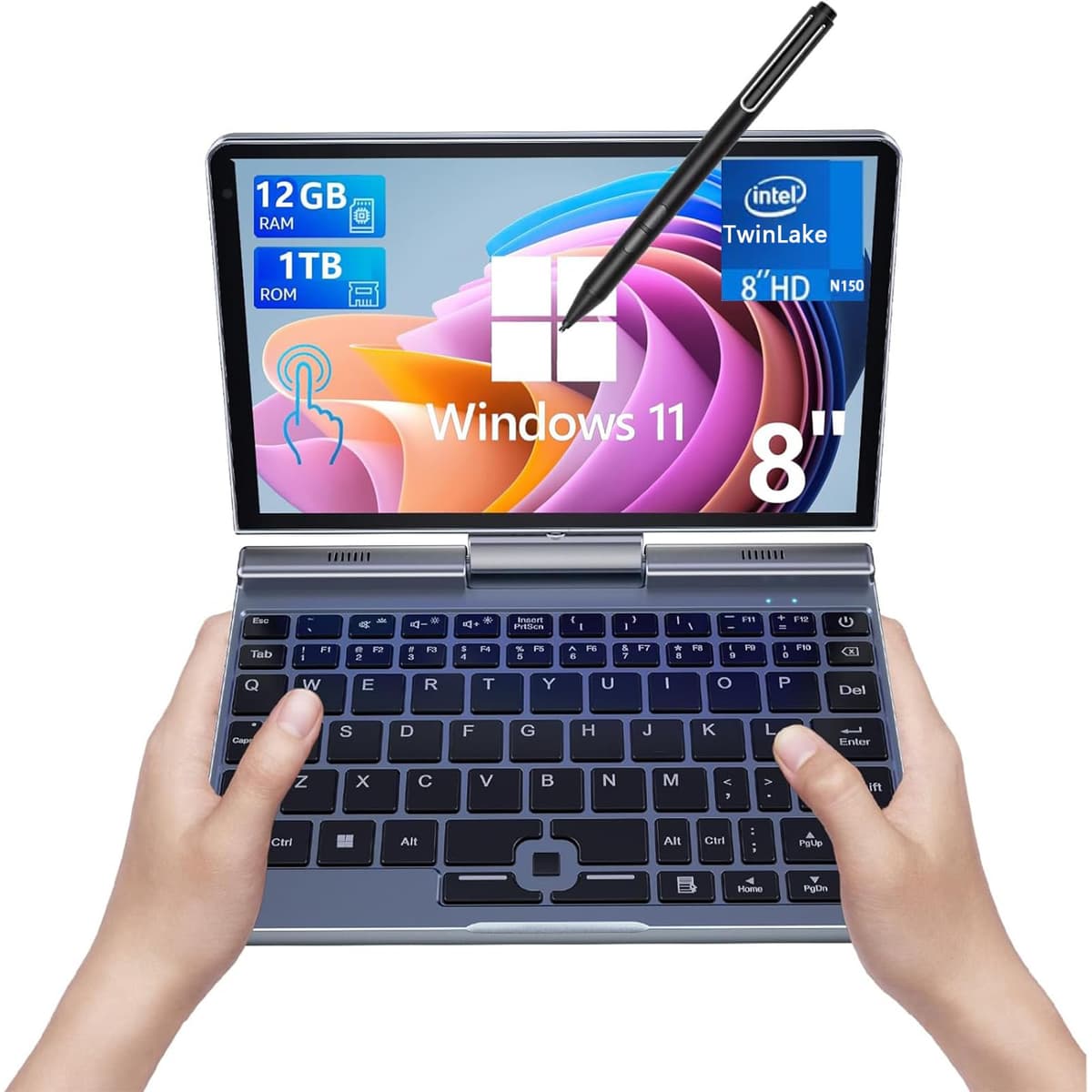 KOOSMILE Mini Laptop, Pequeña Laptop Win11 Pro Pantalla Táctil HD de 8 pulgadas N150 PC de Bolsillo 2 en 1 12GB LPDDR5 RAM, 512GB/1TB SSD Wi-Fi 6, BT 5.2, HDMI, Cámara 2MP Convertible (N150-12GB+1TB) KP8
