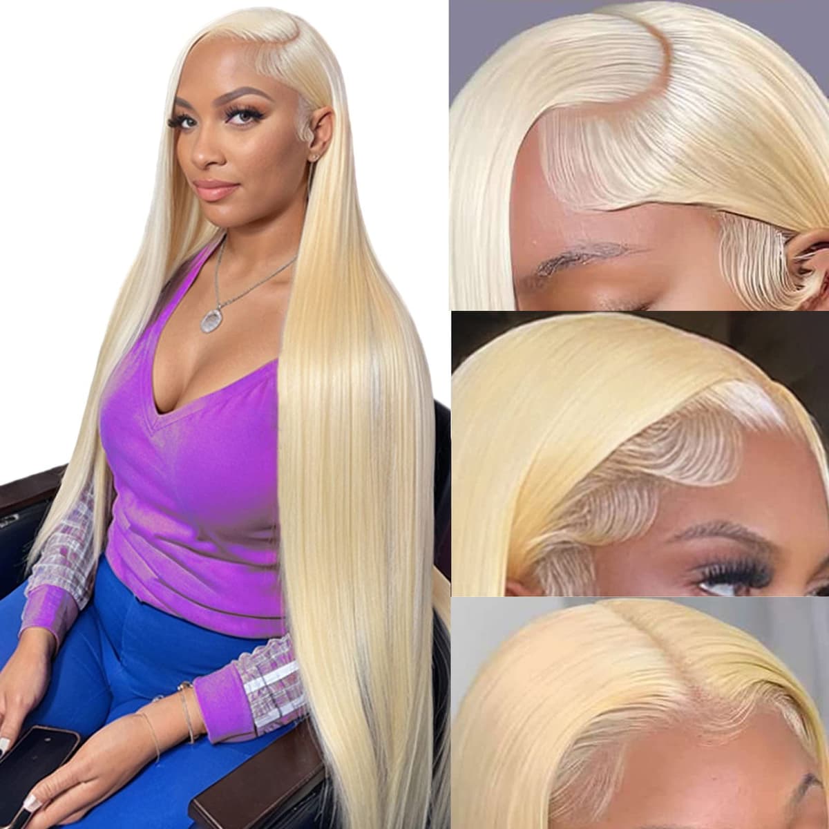 SIYUSI Peluca 42" 613 Lace Front HD 13x6,180% Densidad, Lisa, Pre-plucked con Baby Hair