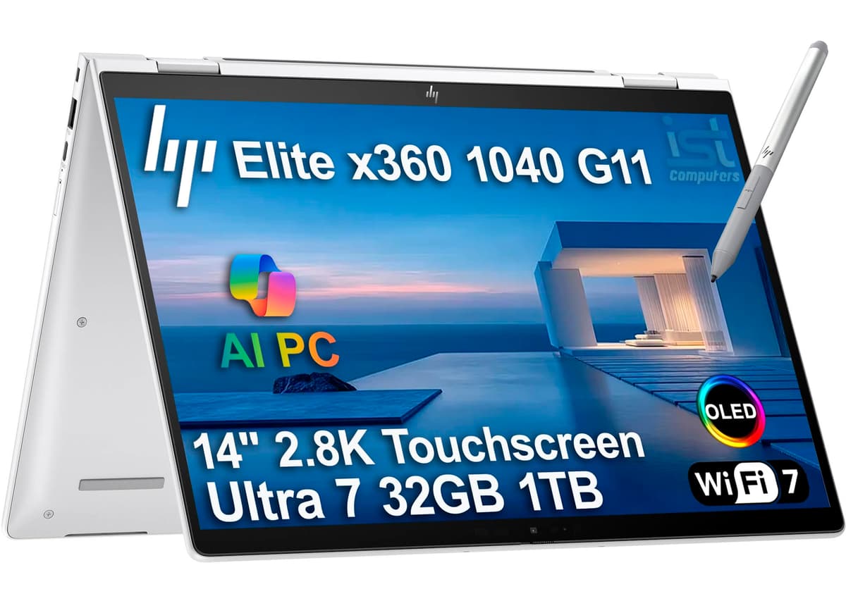 ist computers HP EliteBook x360 1040 G11 Laptop 2 en 1 táctil de 14" (Intel Ultra 7 155H, 32 GB RAM, 1 TB SSD, lápiz recargable, OLED QHD 2.8K) PC empresarial con IA, Elite X Flip G1i, retroiluminado, lector de huellas, cámara IR, Windows 11 Pro HP Elite x360 1040 G11
