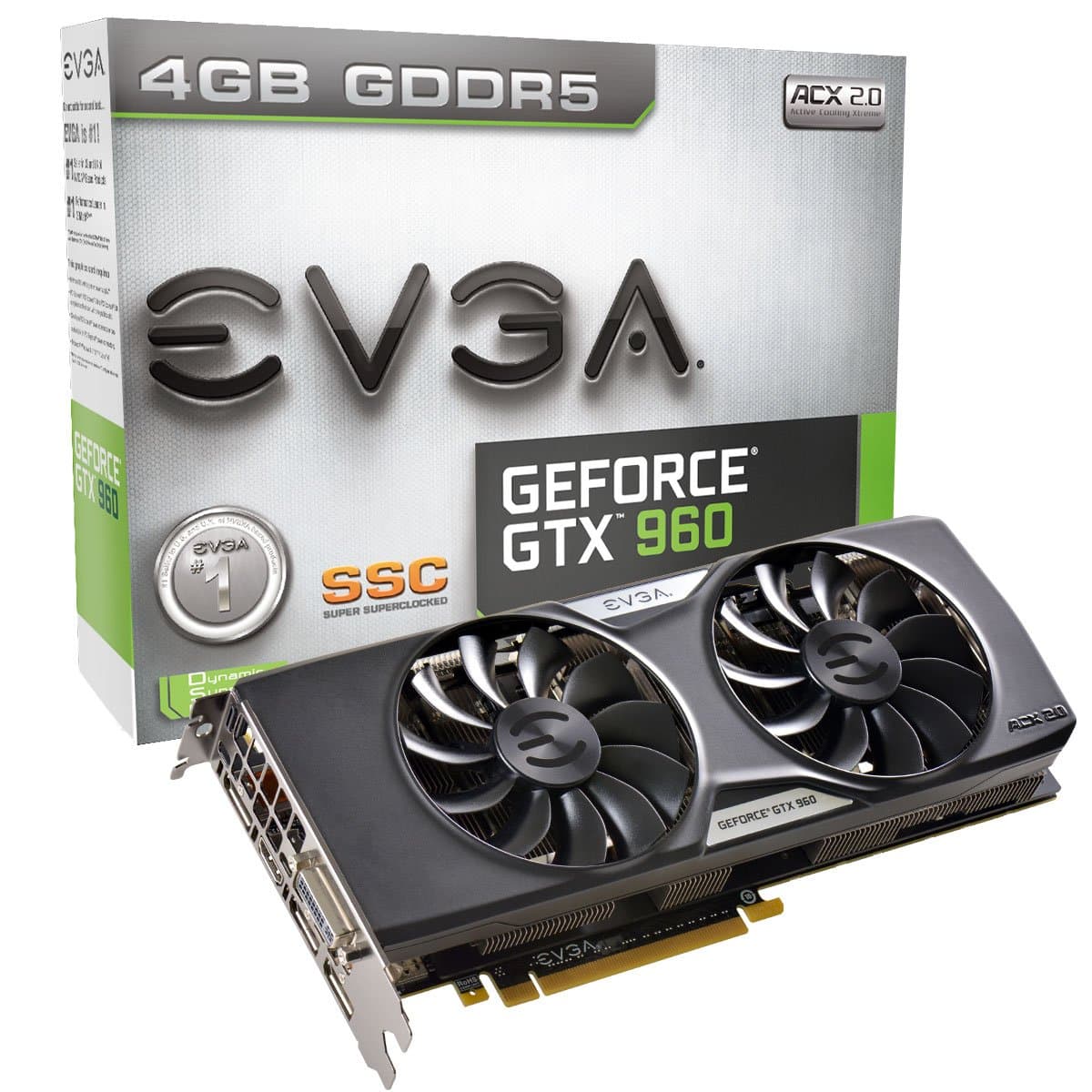 EVGA GeForce GTX 960 4GB SSC GAMING ACX 2.0+, Refrigeración Silenciosa Whisper con Placa Trasera Instalado Gratis Tarjeta Gráfica 04G-P4-3966-KR