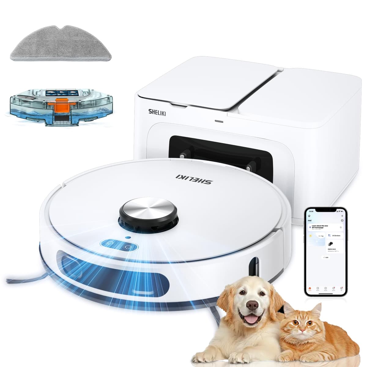 SHELIKI D60S MAX Robot Aspiradora y Fregasuelos 3 en 1 con Base de Autovaciado 70 días, Navegación LiDAR 360° y Succión 6000Pa D60S MAX White