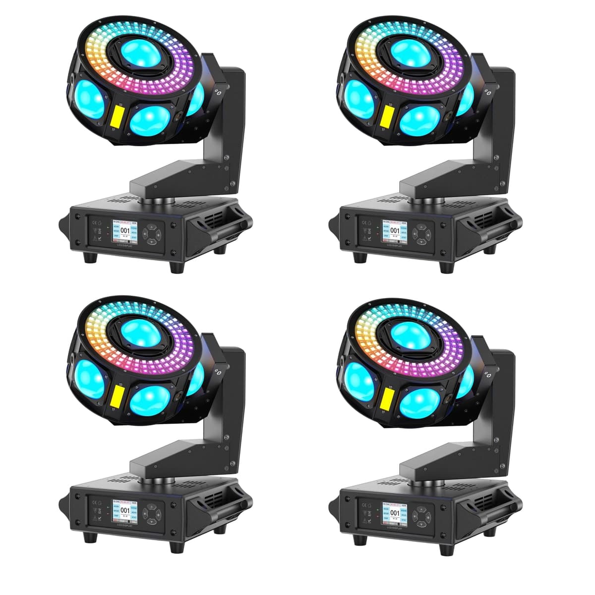 Kiinsehtoq Pack 4 moving head 3 ejes con 7 beams y disco LED 108, efectos starfield y strobe - DMX512 (19/25CH) ZQ02621