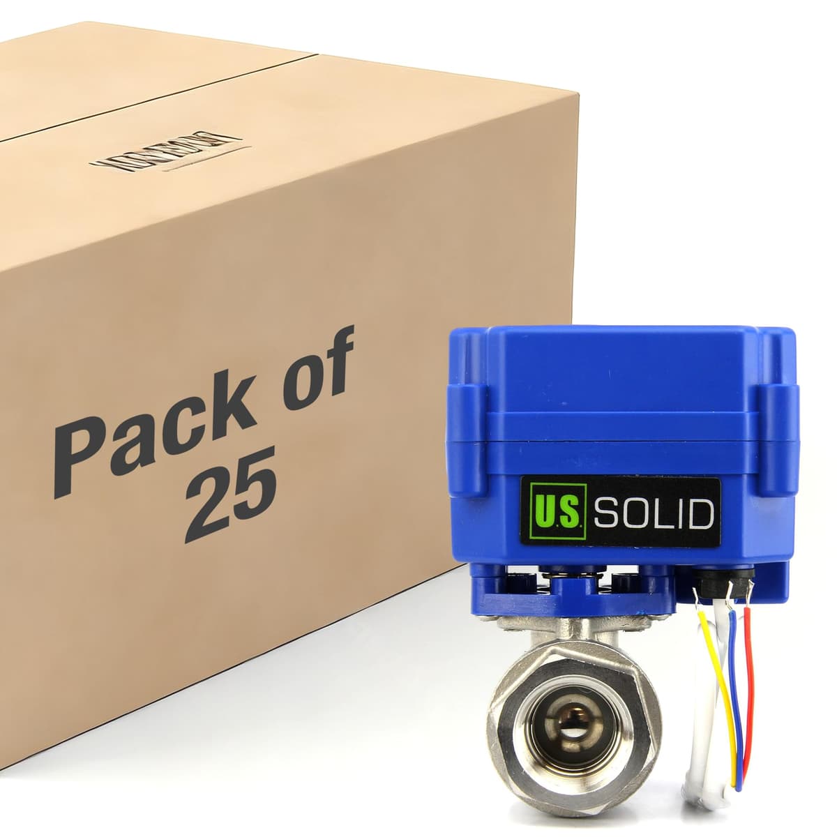 U.S. Solid Válvula de Bola Motorizada Sólida EE. UU. 1/4", 9-24V AC/DC, Acero Inoxidable con Paso Total, Configuración de 3 Cables, Normalmente Cerrada (Paquete de 25) USS-MSV00025