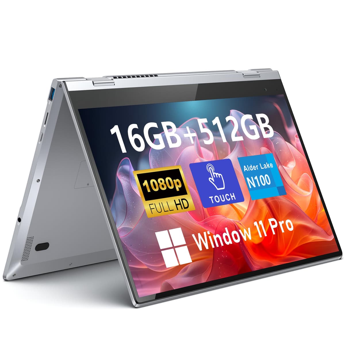 FUNYET Portátil con Pantalla Táctil, 14 Pulgadas 2 en 1 para Juegos, Procesador 12ª Gen N100 (hasta 3.4GHz), 16GB RAM 512GB SSD, 1920 x 1080, Teclado Retroiluminado, Win 11 Pro, Wi-Fi 6, BT5.2 FUNYO-01