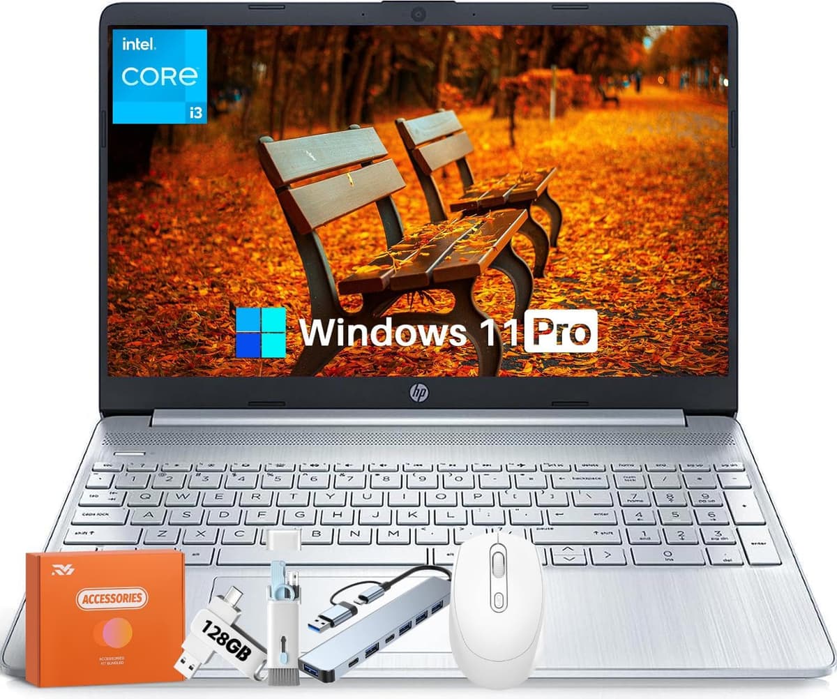 HP 15.6" Laptop con pantalla táctil, procesador Intel Core i3-1115, 32 GB RAM, 1 TB SSD, batería de larga duración, Windows 11 Pro, cámara web, Bluetooth, Wi-Fi, HDMI, ideal para uso empresarial y estudiantil, con accesorios HP ENVY