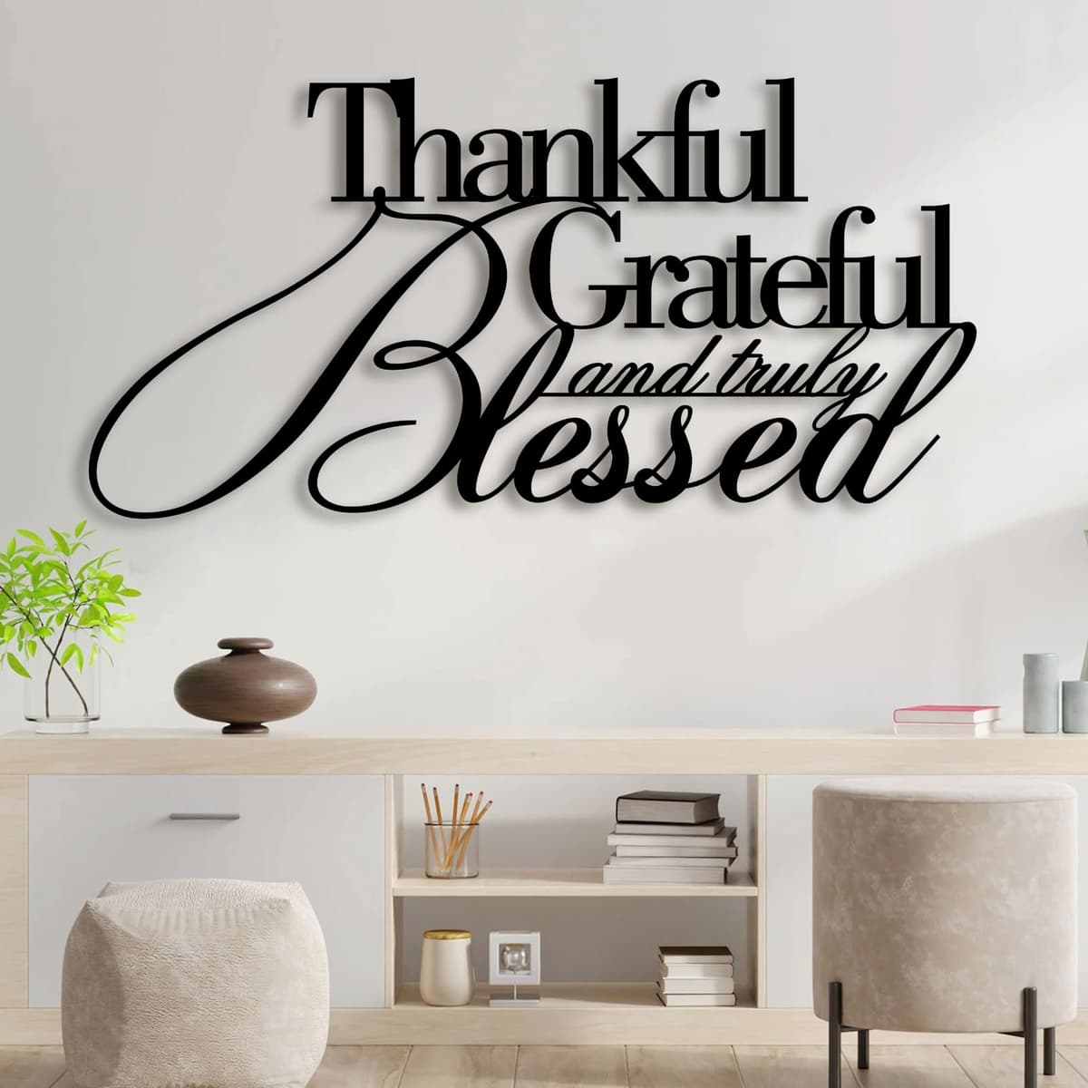 lunwall Metal Wall Art "Thankful Grateful Blessed" (69" W x 34" H, Negro) THANKFUL001