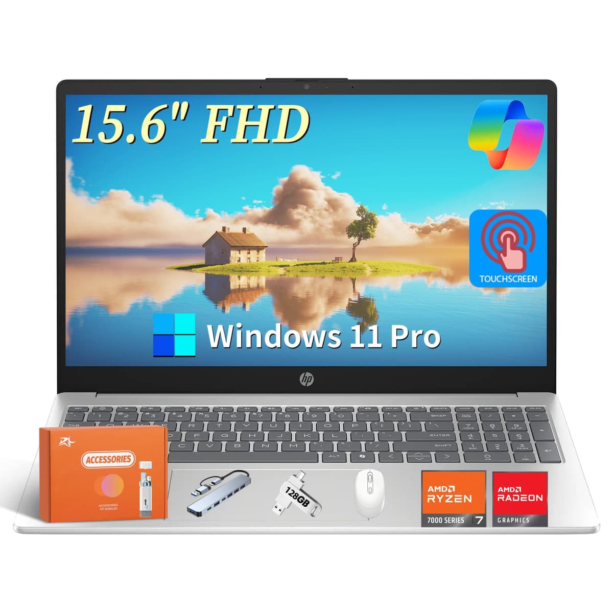 HP 15.6" FHD Touchscreen para Negocios, AMD Ryzen 7 7730U (hasta 4.5 GHz), 32 GB RAM, 1 TB SSD, Tecla Copilot, Gráficos AMD Radeon, Larga Duración de Batería, Wi-Fi 6, Windows 11 Pro, con Paquete de Accesorios HP Laptop