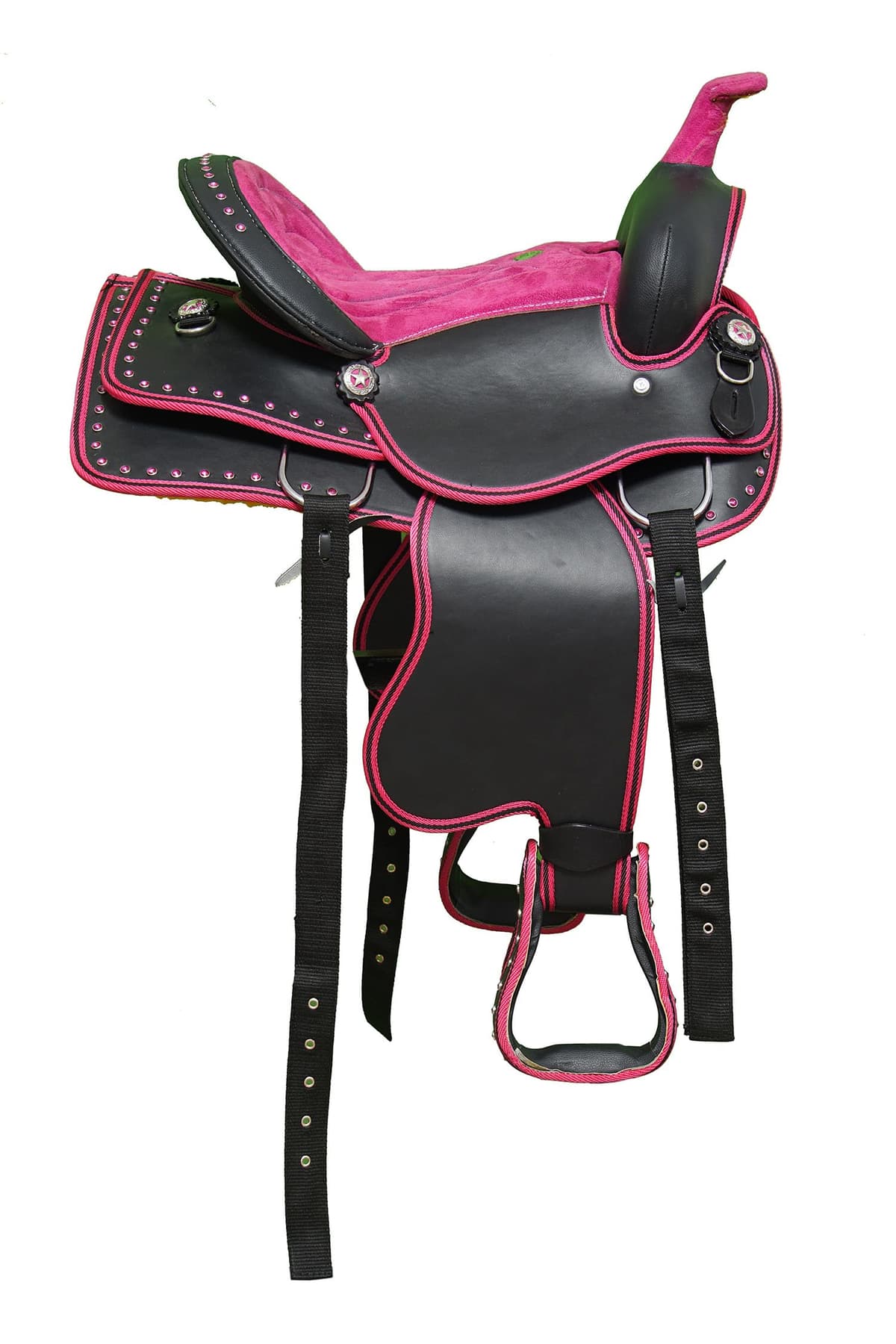 Y&Z Enterprises Silla western sintética para barrel racing con juego de aparejos y pad, asiento 12" (Black & Pink) Y&Z_TACK_471_15