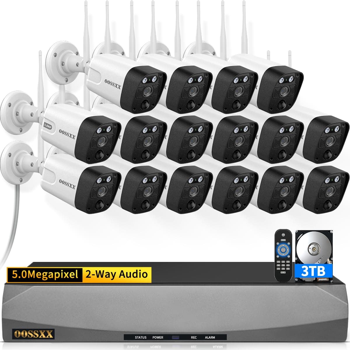 OOSSXX Sistema NVR con 16 cámaras WiFi 5MP/3K, detección PIR, audio bidireccional y antenas duales OSX-WL0804T