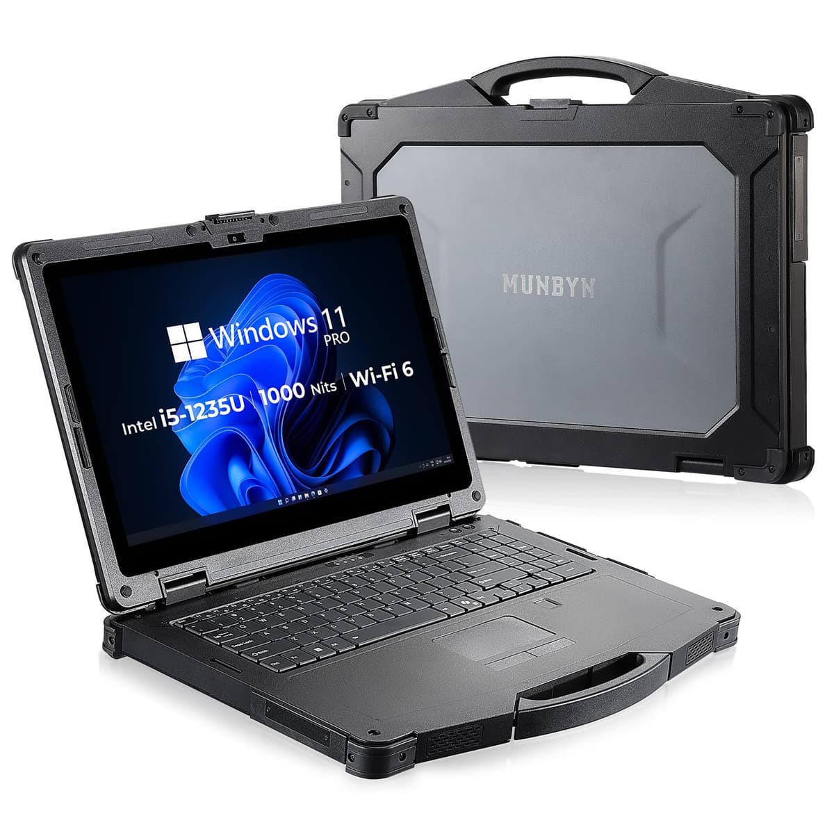 MUNBYN Laptop Rugerizado IRX16, 15.6" Windows 11 Pro, Intel i5-1235U, 16GB DDR5+512GB SSD reemplazable, Wi-Fi 6, 1000 nits legible a la luz del sol, Laptop impermeable IP65, Computadora resistente, 2 años de protección (Nuevo)