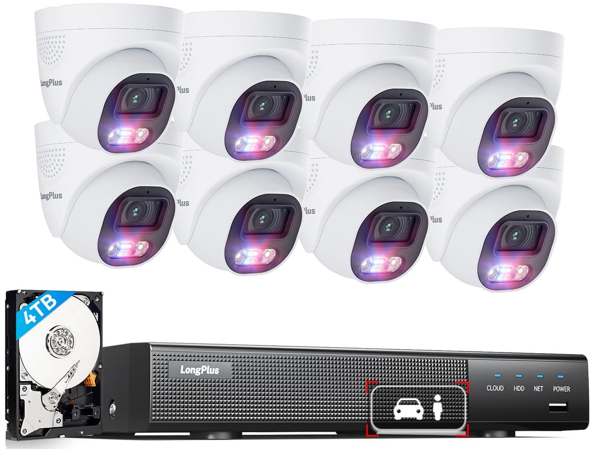Sistema de Cámara de Seguridad PoE LongPlus 4K, NVR de 16 canales H.265+ 12MP con HDD de 4TB para grabación 24/7, Sistema de 8 cámaras cableadas para hogar, Detección de Persona y Vehículo, CCTV para negocios y hogar, LP8MEF8D1