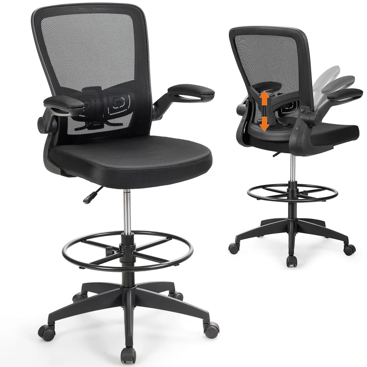 COSTWAY Silla de Dibujo Alta con Reposapiés Ajustable y Apoyabrazos Abatibles, Respaldo Alto con Soporte Lumbar (Negro) 65397-CYWH