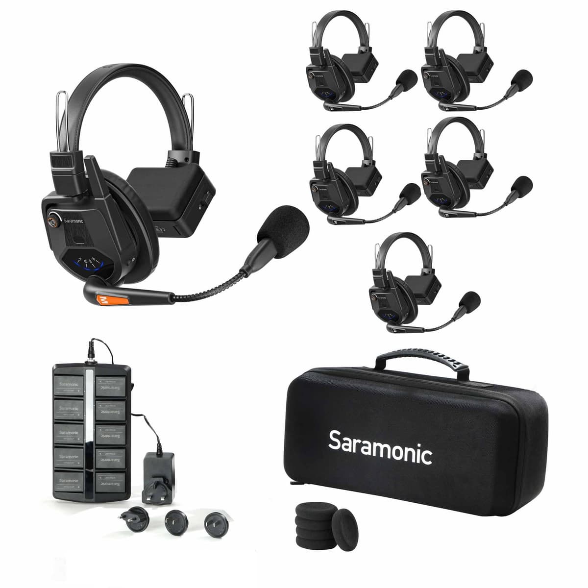 Saramonic WiTalk9-5S Sistema de Intercomunicación Inalámbrico Full-Duplex 1.9 GHz para 5 Personas, Alcance de 500 m, Expandible a 30 Usuarios, 10 Baterías, Cargador de 10 Bahías y Estuche WiTalk9 WT5S
