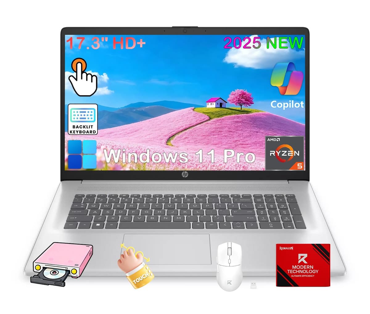 HP 17 Pantalla Táctil, AMD Ryzen 5 7430U, Pantalla 17.3" HD+ Antirreflejo, 16GB RAM, 512GB SSD, Teclado Retroiluminado, para Negocios y Estudiantes, Carga Rápida, Copilot, Cámara, Windows 11 Pro, Kit Patentado hp 17 laptop