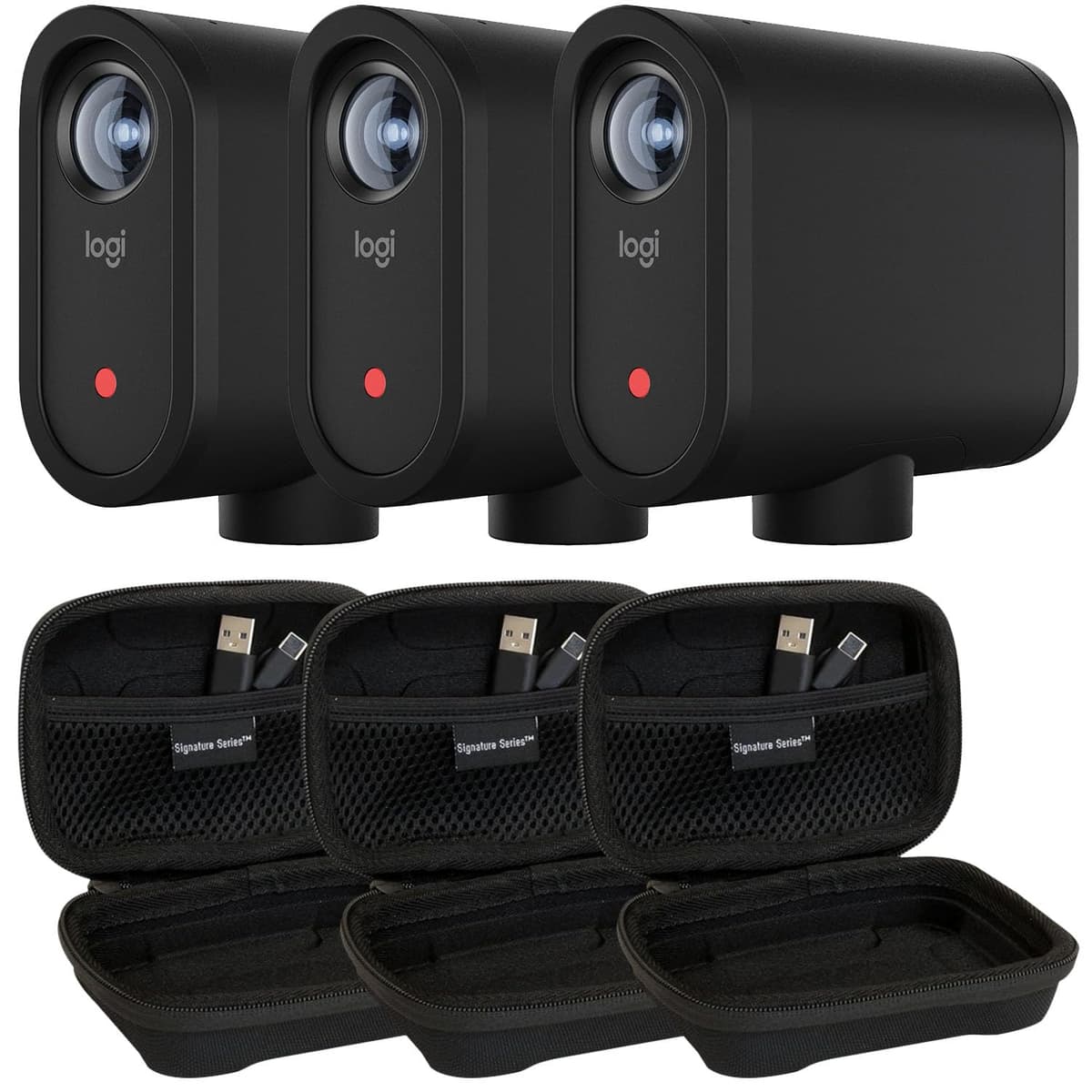 Certified Brands Logitech Mevo Start 3-Pack Cámaras inalámbricas 1080p HD con fundas Signature Series Logitech 961-000500 Case Bundle
