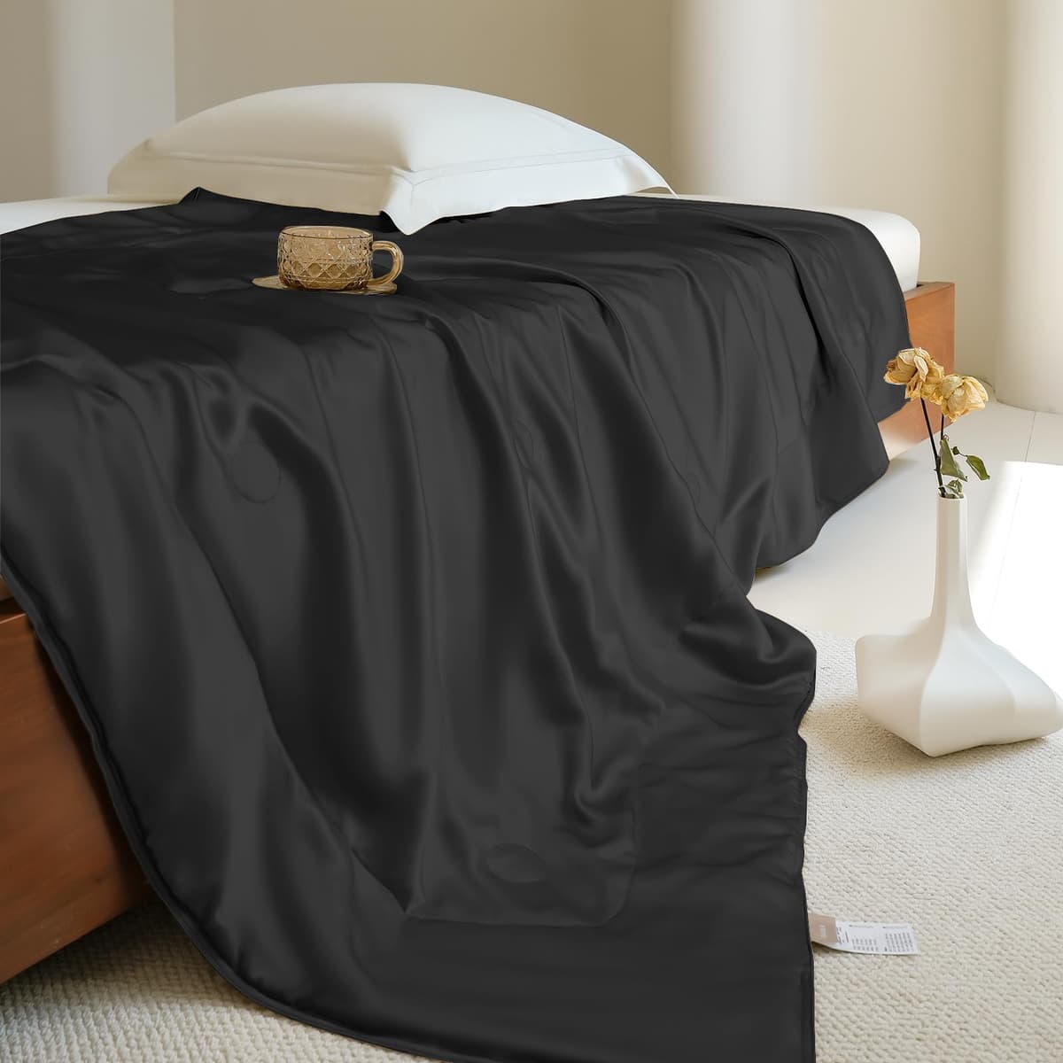 Cobija de seda THXSILK 100% Mulberry, ligera y fresca para cama, sofá y viaje (Negra, King)