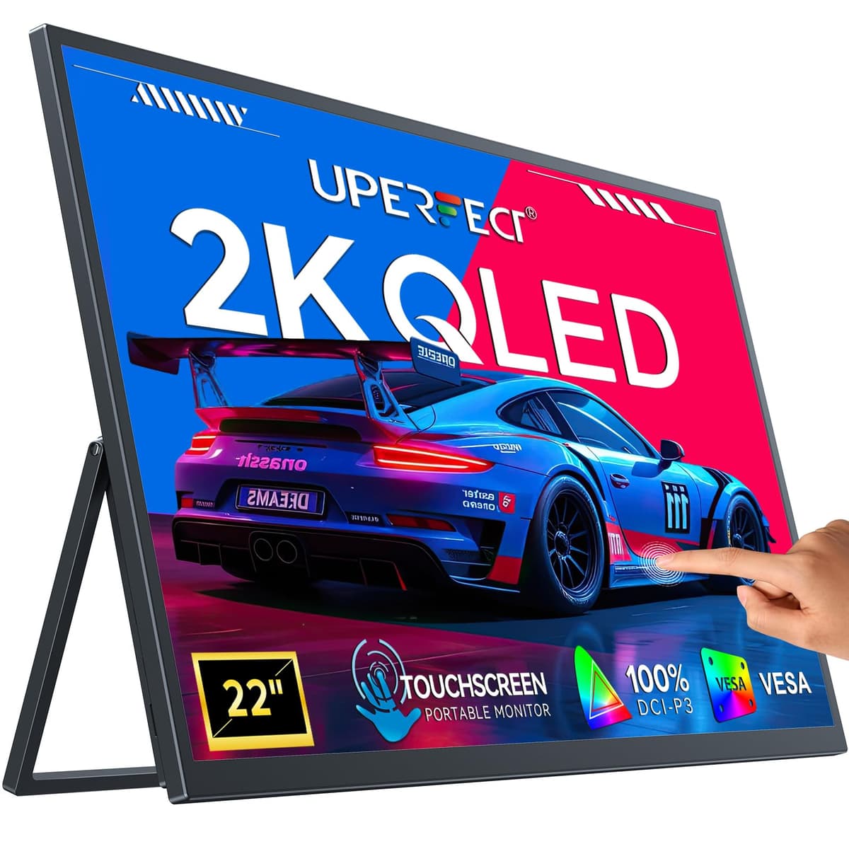 UPERFECT Monitor Portátil 22" 2K QLED Touch 10 puntos con VESA y Soporte 180°