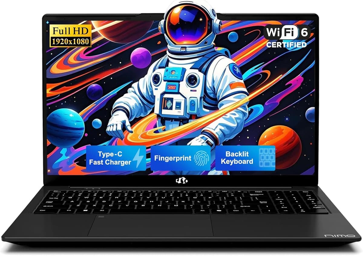 NIMO 15.6" Laptop FHD, Intel Pentium N150 (rinde como i3-1115G4, 4 núcleos hasta 3.6 GHz), Laptop con teclado retroiluminado, carga 65W GaN USB-C, lector de huellas, 8GB RAM 512GB SSD, para hogar, estudiantes y negocios NIMO N157L