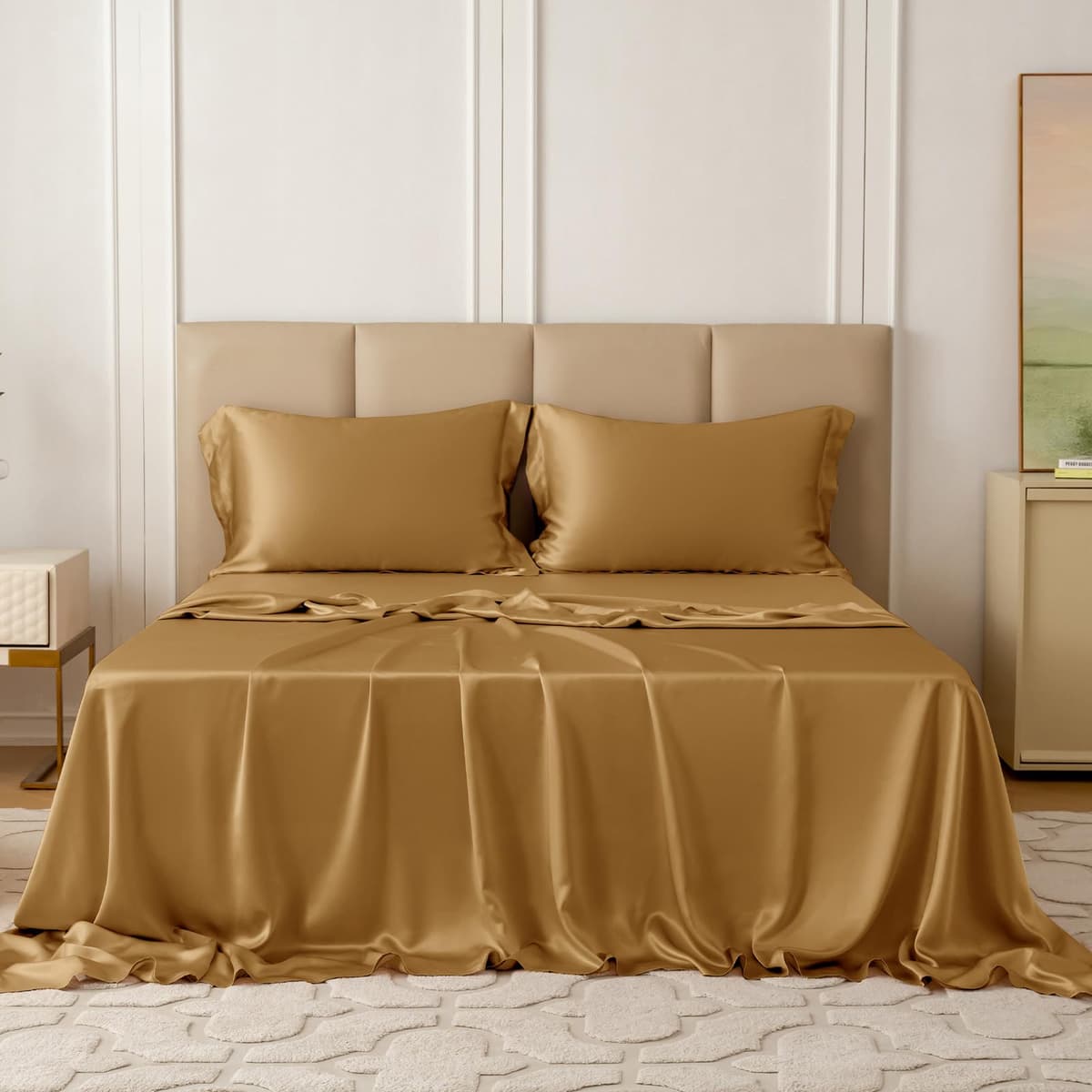 THXSILK Juego de sábanas de seda 22 Momme 4 piezas para King, Metallic Gold