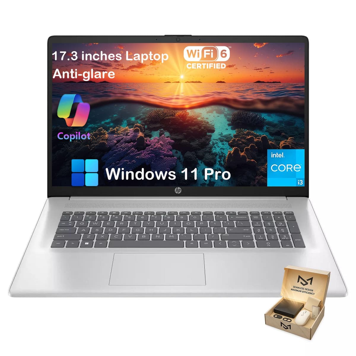 Portátil insignia HP de 17 pulgadas, 32 GB RAM, 1 TB SSD, pantalla 17.3" HD+ 250 nits IPS antirreflejo, Intel i3 N305 de 8 núcleos, Windows 11 Pro, carga rápida, Wi-Fi 6, para empresas y estudiantes HP 17 laptop