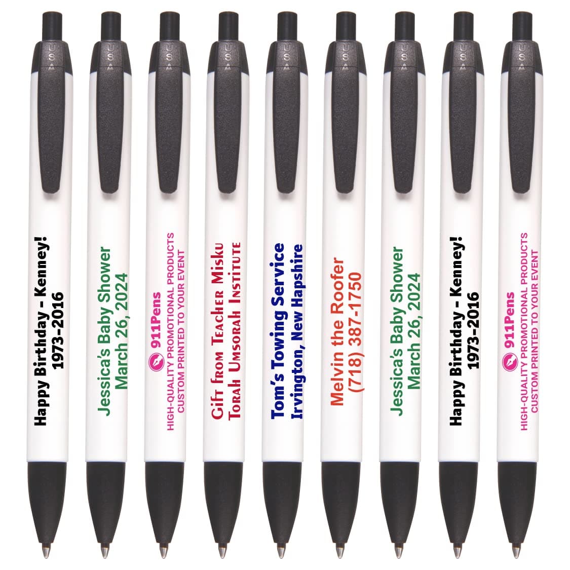 911 Pens 1000 unidades bolígrafos personalizados clic, barril ancho blanco con detalle negro, impresión de logo personalizable 125W-1000-Black