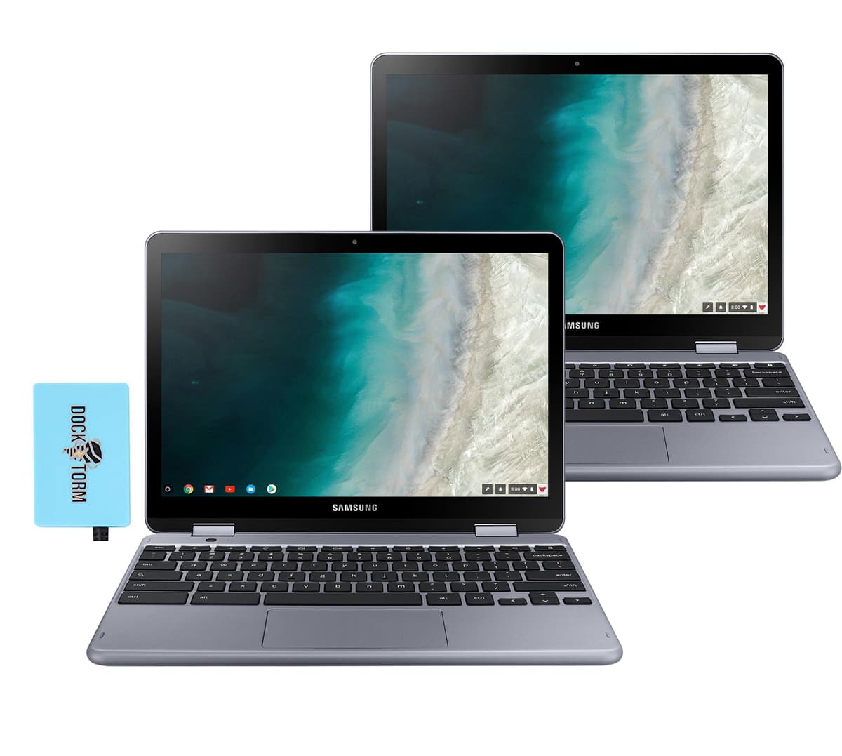 Samsung Chromebook Plus V2 Light Titan 2 en 1 Laptop (Celeron 3965Y, 4GB RAM, 64GB eMMC SSD, Intel HD 615, pantalla táctil Full HD de 12.2" (1920x1080), webcam, Chrome OS) con base y mouse inalámbrico (paquete de 2) Samsung V2