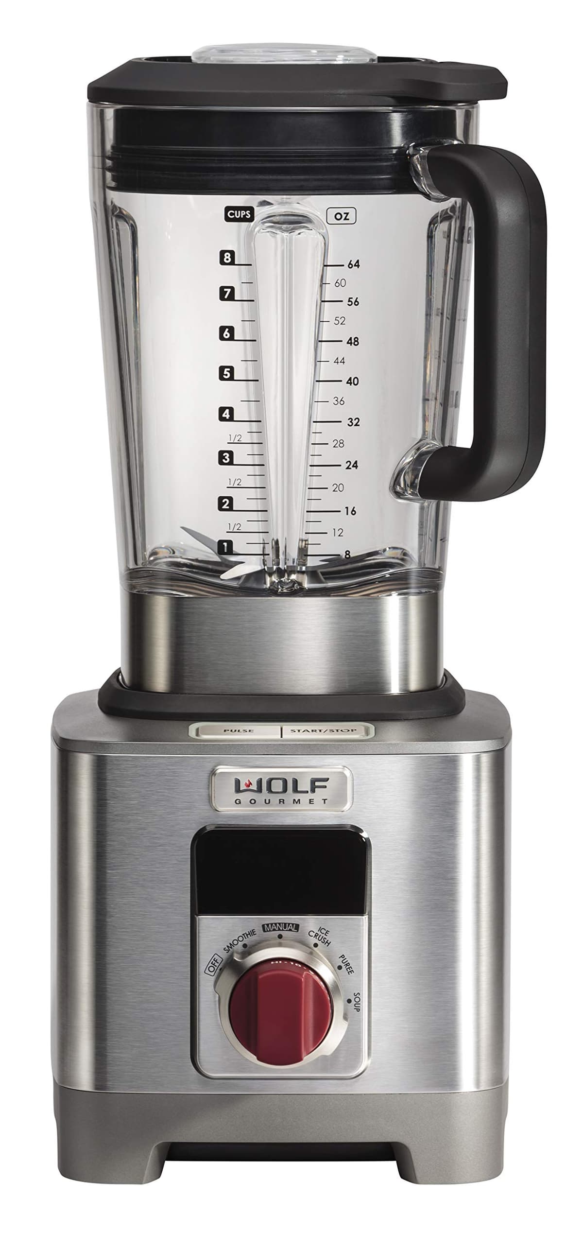 WOLF GOURMET Licuadora de alto rendimiento, jarra de 64 oz, 4 programas, 12.5 AMPS, licua alimentos, batidos y smoothies, perilla roja, acero inoxidable (WGBL100S)