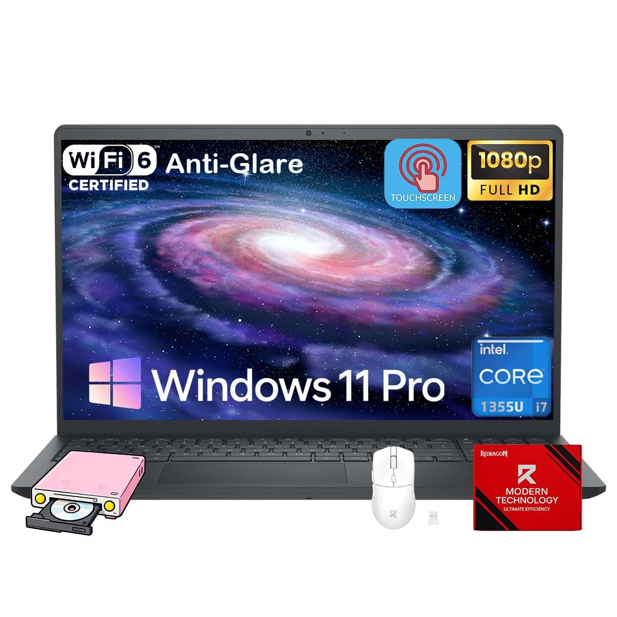Dell Laptop táctil de 15" - Intel 10 núcleos i7-1355U hasta 5 GHz, pantalla táctil FHD WVA antirreflejo de 15.6", 32 GB RAM, 1 TB SSD, Windows 11 Pro, Copilot AI, teclado numérico, con kit patentado