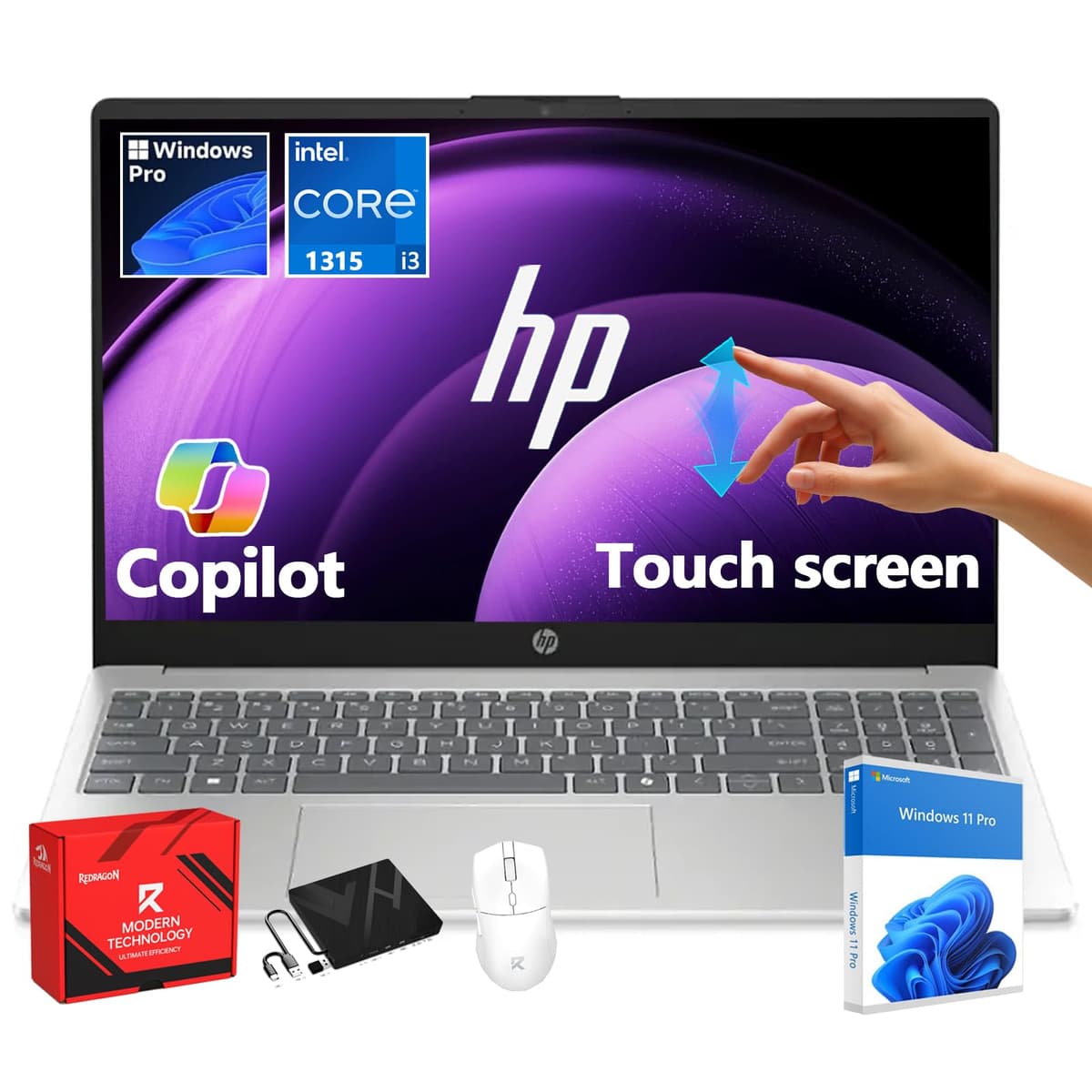 HP Flagship 15.6" Notebook con pantalla tactil (2025), Intel 13ª Gen Core i3-1315U (hasta 4.5 GHz), Intel UHD Graphics, Antirreflejo, Windows 11 Pro, AI Copilot, para negocios y estudiantes, con accesorios, 16 GB RAM, 512 GB SSD HP Laptop