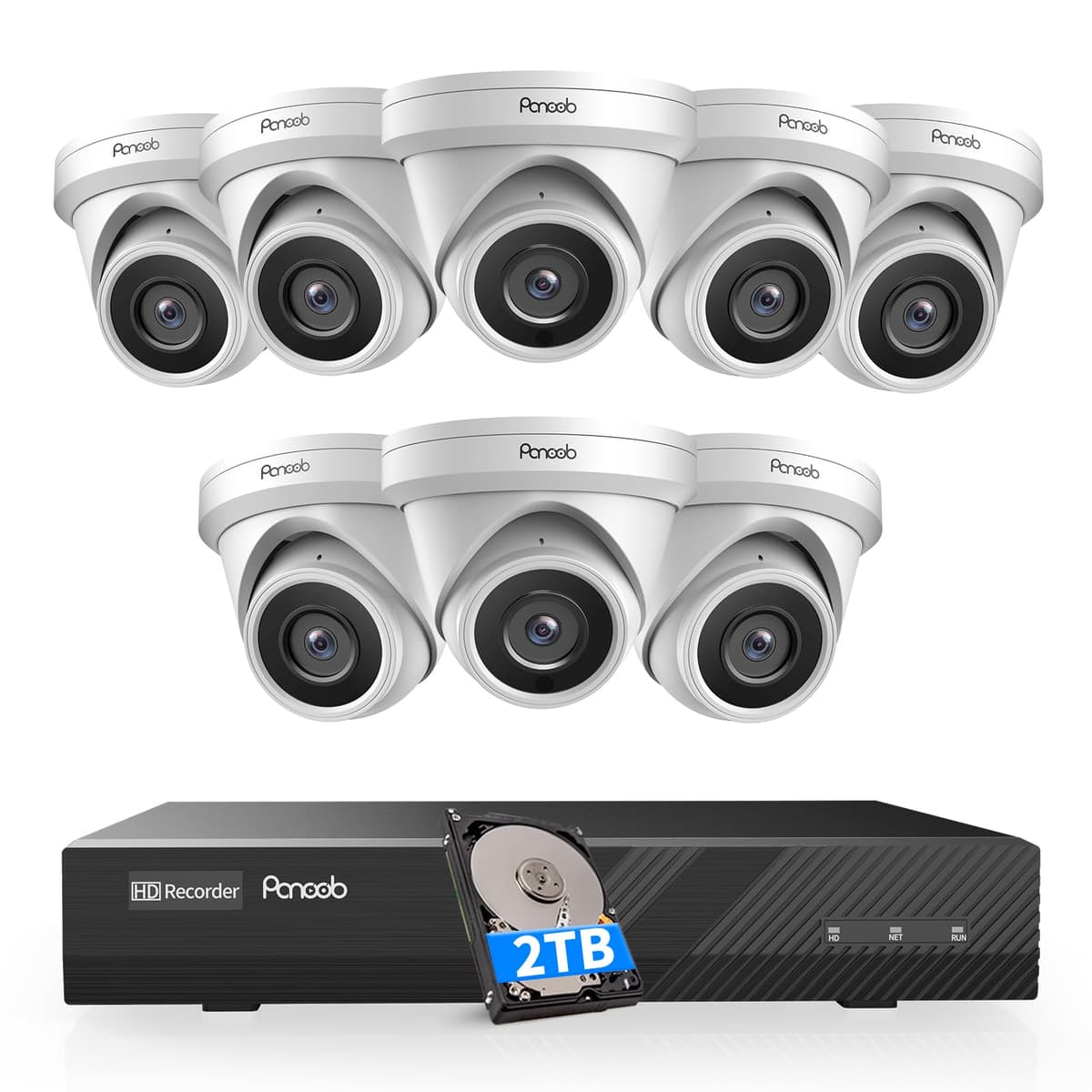 PANOOB Sistema de Cámaras de Seguridad 8 Canales PoE, 8× Cámara Dome/Turret IP Cableada 5MP PoE para Interior y Exterior, Visión Nocturna IR de 30 m, Detección Humana por IA, Micrófono Integrado, NVR 8CH 4K con HDD 2TB, PD93A0808-5M