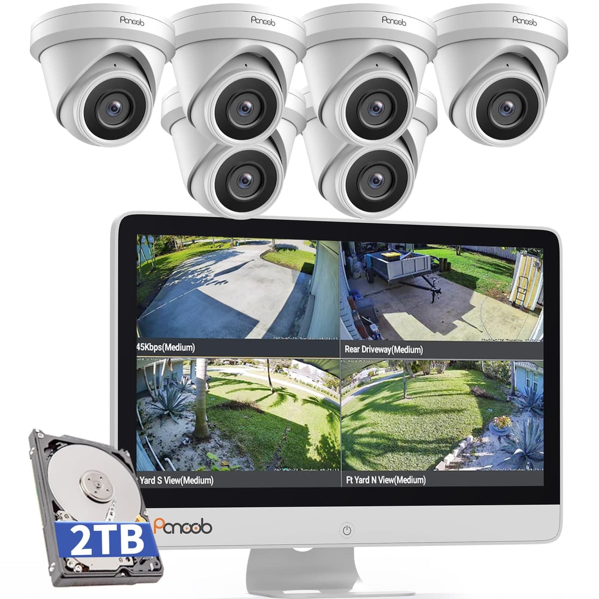 Sistema de cámaras de seguridad PANOOB con monitor, NVR 8CH 8MP con HDD 2TB, 6 cámaras domo cableadas IR 5MP PoE IP67 para exterior, visión nocturna, detección inteligente de humanos, PD93AM06-5M
