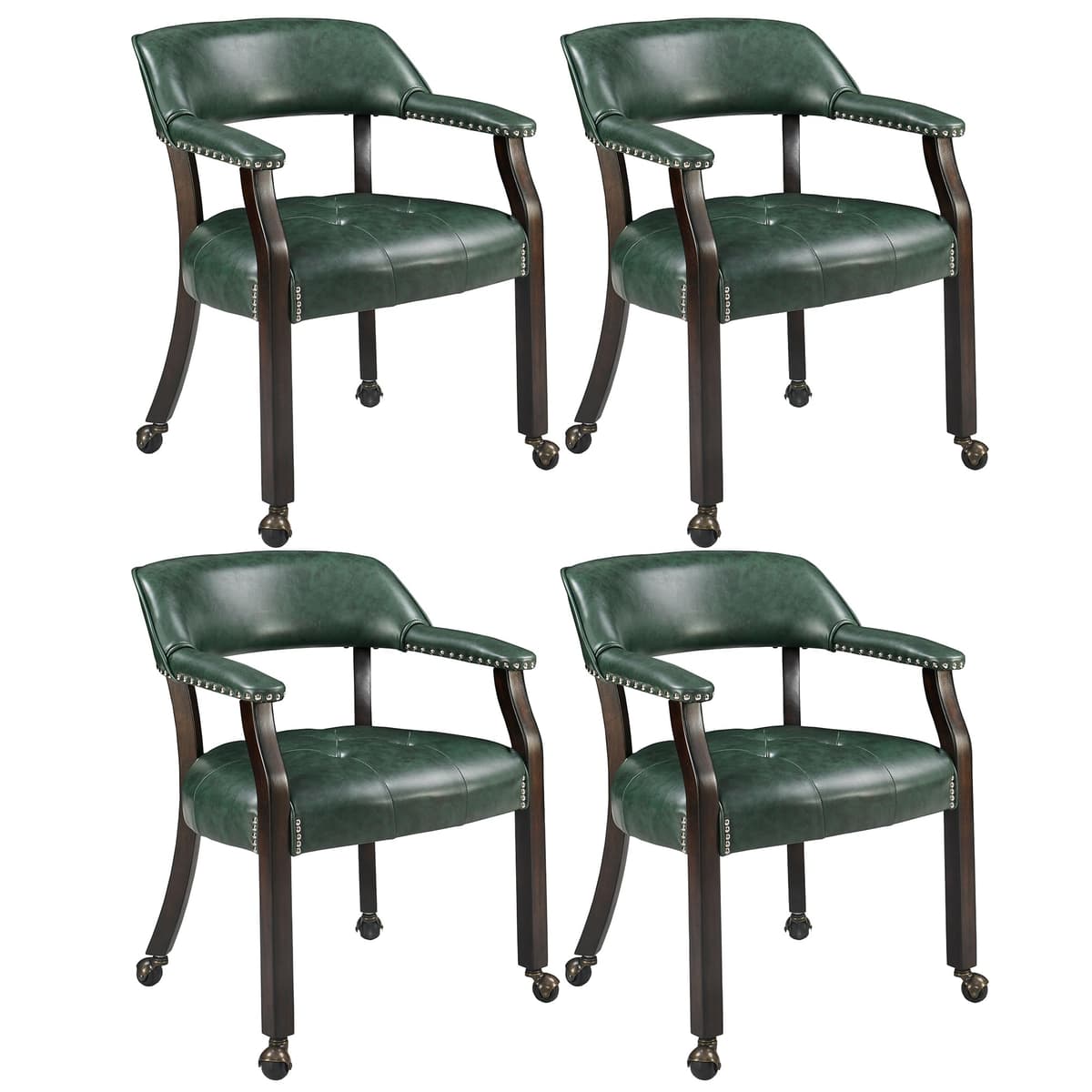 LEEMTORIG Juego de 4 Sillas Grandes con Ruedas y Brazos, Tapizado Verde PU, Patas Espresso LEEXXY-1910-GN04