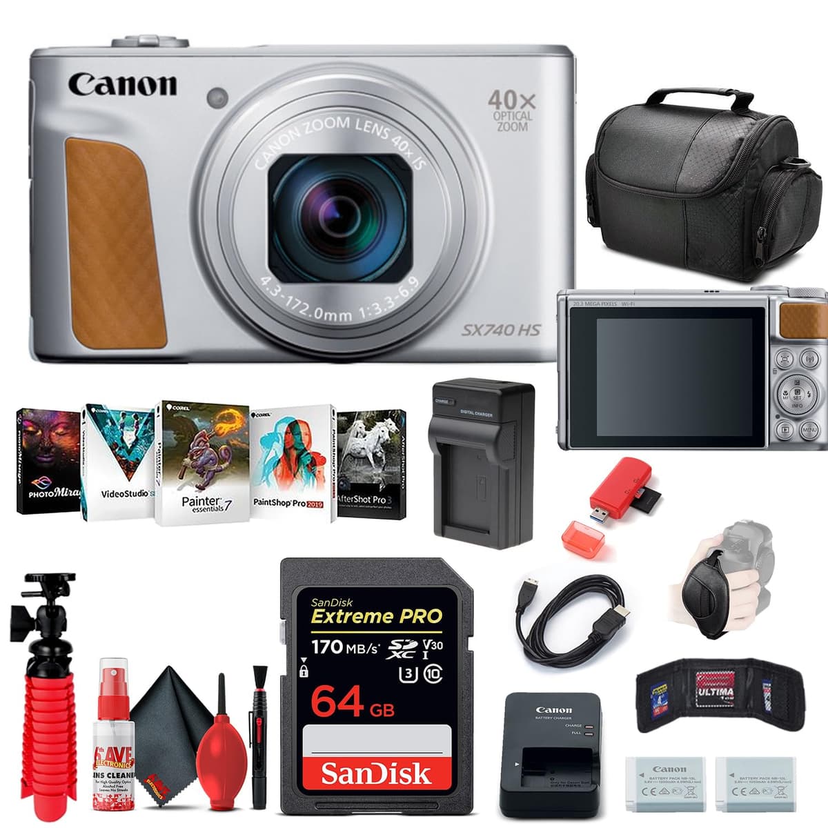 Cámara digital Canon PowerShot SX740 HS (Plateada) (2956C001) + Tarjeta de memoria de 64GB + Batería NB-13L + Software Corel Photo + Cargador + Lector de tarjetas + Bolsa blanda + Trípode flexible + Más (Reacondicionado) 2956C001_EDIV_2-RE