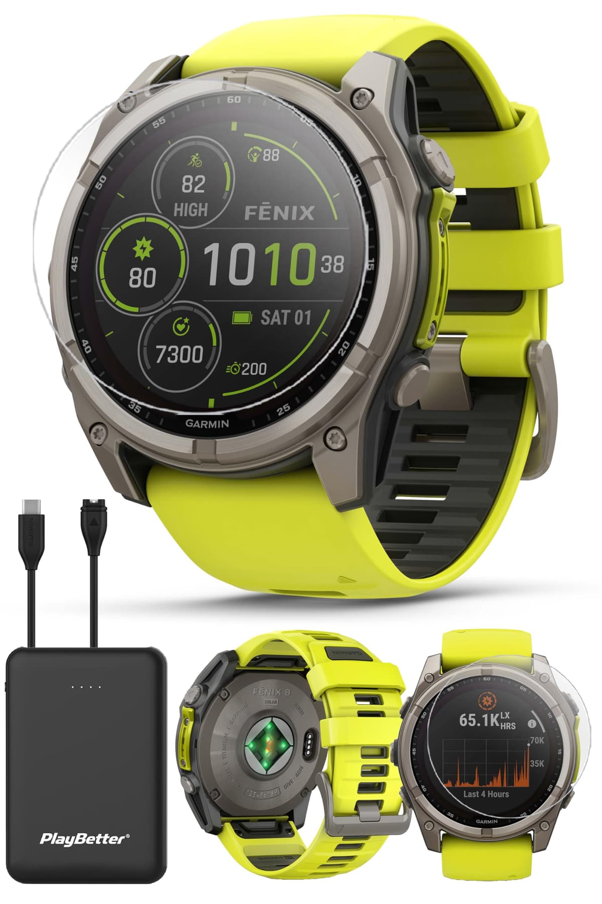 PlayBetter Garmin Fenix 8 Solar Sapphire (51mm, Titanium/Amp Yellow) Multisport GPS Smartwatch Bundle - 1.4” Touchscreen, Linterna LED, Cargador Portátil y Protectores 010-02907-20 (Watch) | Z05 (Charger)