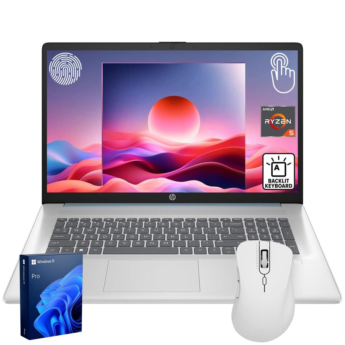 Laptop empresarial HP 17.3" HD+ táctil, AMD Ryzen 5 7430U, 32 GB RAM, 1 TB SSD, teclado retroiluminado, lector de huellas, cámara web, HDMI, Wi-Fi 6, Windows 11 Pro, paquete con mouse inalámbrico Thunderobot ML101 17-cp3602nr