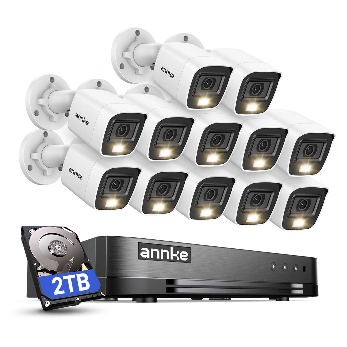 ANNKE Sistema de Cámaras de Seguridad Cableado 16 CANALES 2MP con Doble Luz Inteligente, Detección de Vehículos/Personas, DVR de 16 Canales y 12 CáMARAS CCTV 1080P IP67 para Exteriores, HDD 2TB para Seguridad 24/7 AU-DT61BS2-V2-5CEF-P#USN