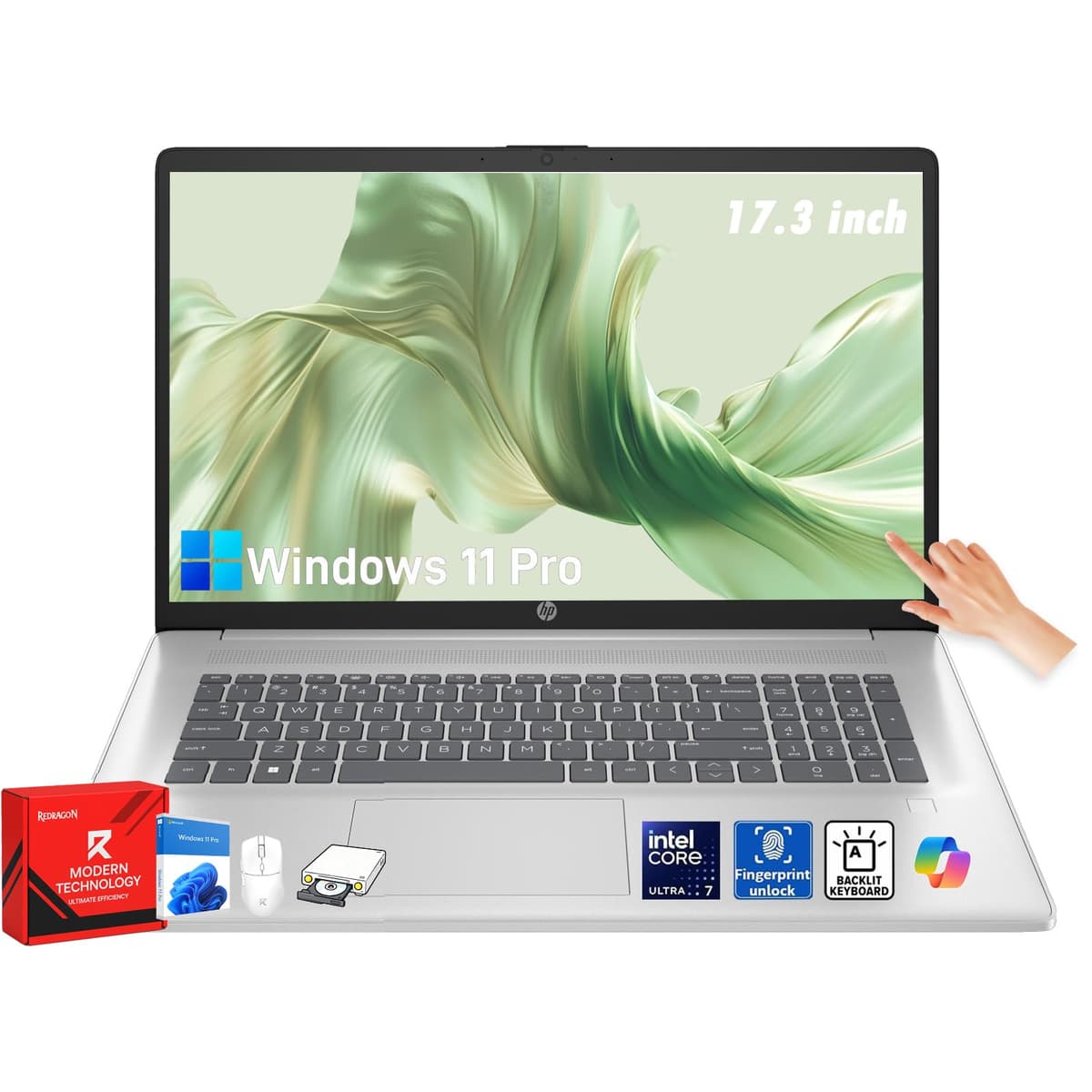 HP 17t computadora portátil con pantalla táctil de 17.3" HD+, Intel Ultra 7 255U de 12 núcleos (hasta 5.2 GHz), Copilot AI, teclado retroiluminado, lector de huellas, Wi-Fi 6 y Bluetooth 5.4, Windows 11 Pro, 32 GB DDR5 + 2 TB, con kit Redragon HP 17t laptop