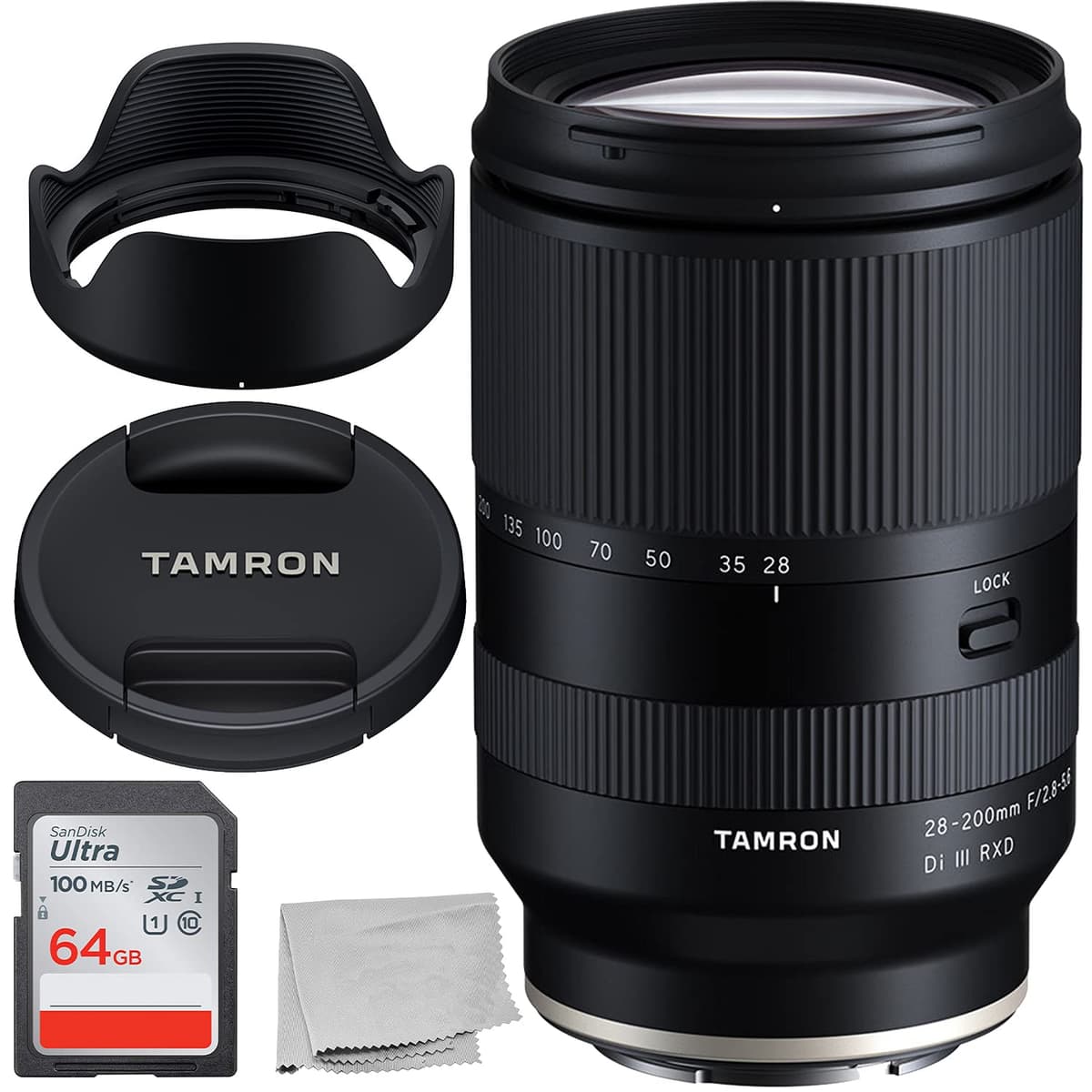 Tamron 28-200mm f/2.8-5.6 Di III RXD - Lente para Sony E con kit de accesorios básico - Incluye: tarjeta de memoria SD Ultra 64GB, accesorios del fabricante y paño de microfibra, TA28200E128 B09B2Q1MKX-1