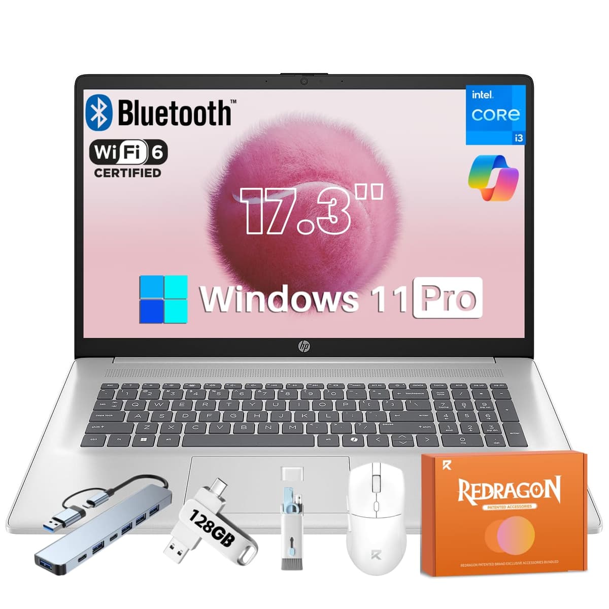 HP Laptop de 17 pulgadas, Intel i3 N305 (8 núcleos), pantalla IPS FHD de 17.3", 16 GB RAM, 512 GB SSD, Intel UHD Graphics, Windows 11 Pro, carga rápida, Wi-Fi 6, BT 5.4, cámara HD, con accesorios REDRAGON