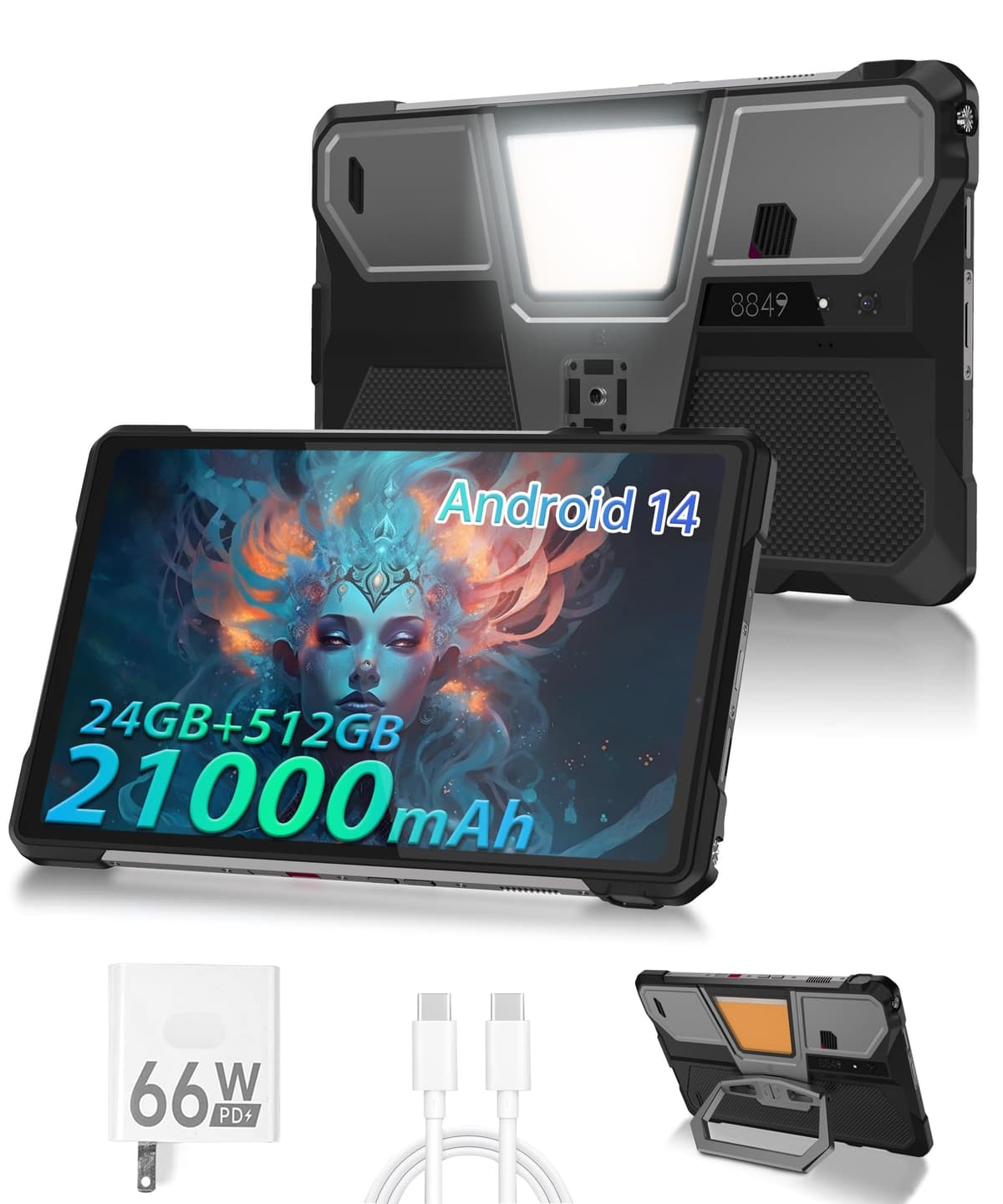 8849 Tank Pad E Tableta Android 14, Dual 4G 10.95'' Rugerizada con Proyector, 24GB RAM, 21000mAh Octa-core Impermeable para Exteriores Desbloqueada 512GB ROM, Cámara 50MP+32MP, Luz de Camping/WiFi/BT 5.3/GPS