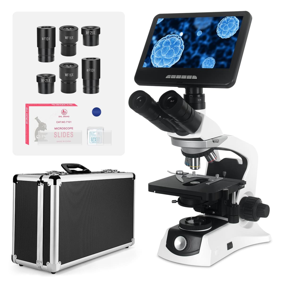 Vabiooth Microscopio compuesto trinocular infinito con monitor 24MP 10" 40-1000X, platina mecánica grande VB-M010-M-UK